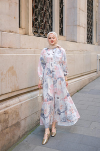 Pastel Gül Desenli Elbise Gri