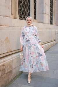 Pastel Gül Desenli Elbise Gri