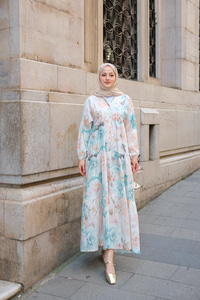 Pastel Gül Desenli Elbise Mavi