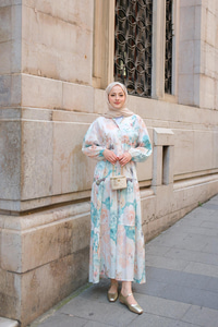 Pastel Gül Desenli Elbise Mavi