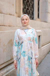 Pastel Gül Desenli Elbise Mavi