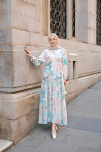 Pastel Gül Desenli Elbise Mavi