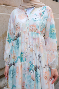 Pastel Gül Desenli Elbise Mavi