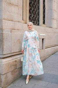 Pastel Gül Desenli Elbise Mavi