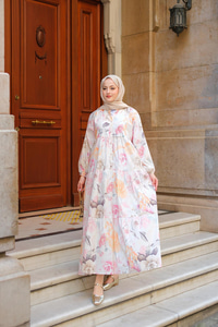 Pastel Gül Desenli Elbise Pudra