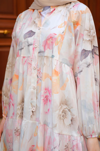 Pastel Gül Desenli Elbise Pudra