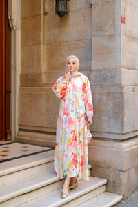 Pastel Gül Desenli Elbise Turuncu