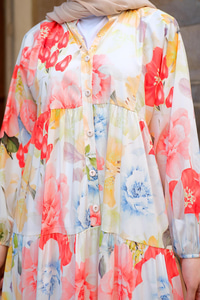 Pastel Gül Desenli Elbise Turuncu