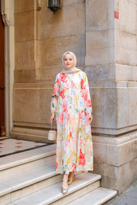 Pastel Gül Desenli Elbise Turuncu