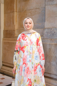 Pastel Gül Desenli Elbise Turuncu