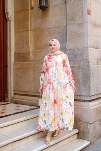 Pastel Gül Desenli Elbise Turuncu