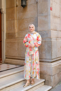 Pastel Gül Desenli Elbise Turuncu