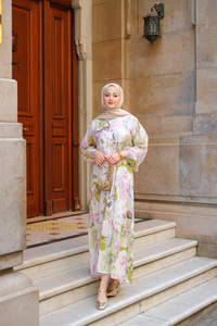 Pastel Gül Desenli Elbise Yeşil