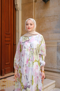 Pastel Gül Desenli Elbise Yeşil