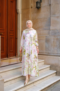 Pastel Gül Desenli Elbise Yeşil