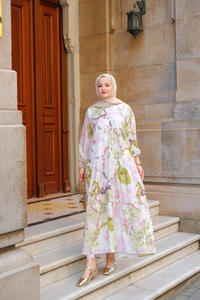 Pastel Gül Desenli Elbise Yeşil