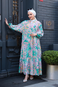 Pastel Mozaik Desen Elbise Yeşil