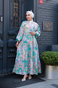 Pastel Mozaik Desen Elbise Yeşil