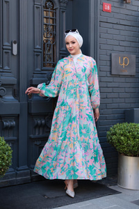 Pastel Mozaik Desen Elbise Yeşil