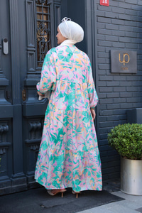 Pastel Mozaik Desen Elbise Yeşil