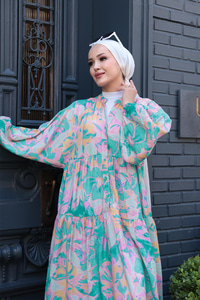 Pastel Mozaik Desen Elbise Yeşil