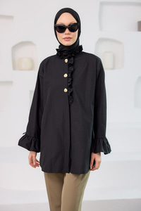 Pati Düğme Detay Gömlek Siyah