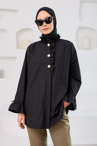 Pati Düğme Detay Gömlek Siyah