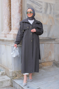 Pelerin Detay Bel Bağlamalı Trenckot Antrasit