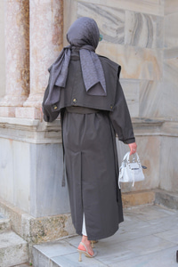 Pelerin Detay Bel Bağlamalı Trenckot Antrasit