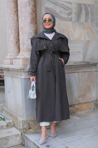 Pelerin Detay Bel Bağlamalı Trenckot Antrasit