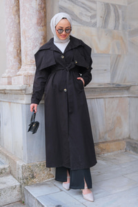 Pelerin Detay Bel Bağlamalı Trenckot Siyah