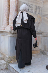 Pelerin Detay Bel Bağlamalı Trenckot Siyah