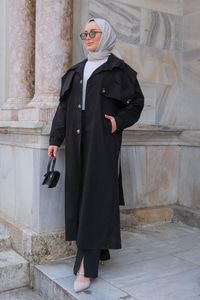 Pelerin Detay Bel Bağlamalı Trenckot Siyah