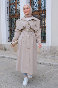 Pelerin Detay Bel Bağlamalı Trenckot Taş