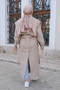 Pelerin Detay Bel Bağlamalı Trenckot Taş