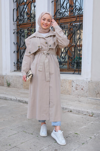 Pelerin Detay Bel Bağlamalı Trenckot Taş