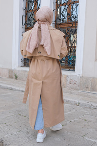 Pelerin Detay Bel Bağlamalı Trenckot Vizon