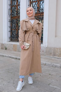 Pelerin Detay Bel Bağlamalı Trenckot Vizon