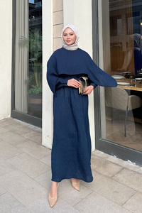 Pelerin Detay Çizgili Elbise Lacivert