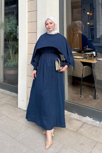 Pelerin Detay Çizgili Elbise Lacivert