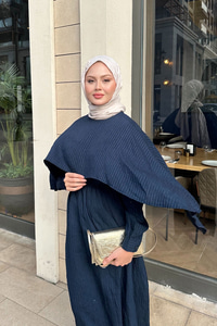 Pelerin Detay Çizgili Elbise Lacivert