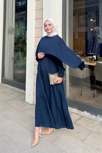 Pelerin Detay Çizgili Elbise Lacivert