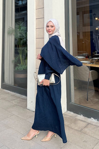 Pelerin Detay Çizgili Elbise Lacivert