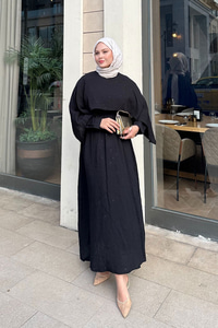 Pelerin Detay Çizgili Elbise Siyah