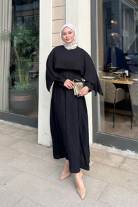 Pelerin Detay Çizgili Elbise Siyah