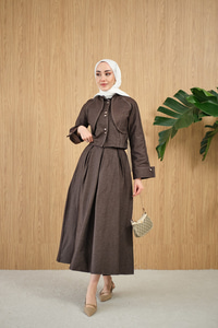 Pelerin Detay Gold Düğmeli Kot Takım Kahverengi