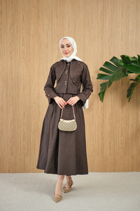 Pelerin Detay Gold Düğmeli Kot Takım Kahverengi