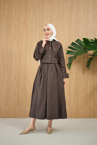 Pelerin Detay Gold Düğmeli Kot Takım Kahverengi