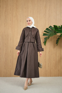 Pelerin Detay Gold Düğmeli Kot Takım Kahverengi