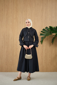 Pelerin Detay Gold Düğmeli Kot Takım Lacivert